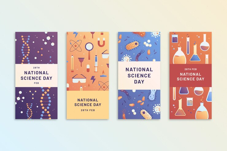 Vector gratuito colección de historias de instagram del día nacional de la ciencia degradado