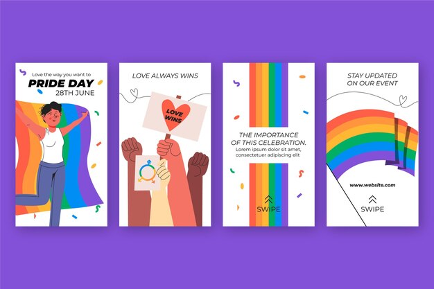 Colección de historias de instagram del día del orgullo dibujadas a mano