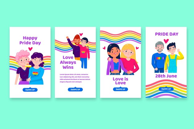 Colección de historias de instagram del día del orgullo de dibujos animados
