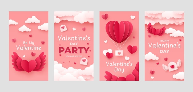 Vector gratuito colección de historias de instagram para el día de san valentín en papel