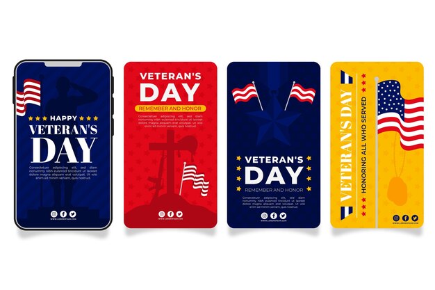 Vector gratuito colección de historias de instagram del día de los veteranos dibujados a mano