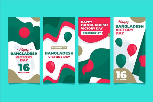 Colección de historias de instagram del día de la victoria de bangladesh plana dibujada a mano