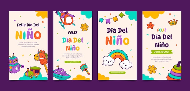 Vector gratuito colección de historias de instagram dibujadas a mano para la celebración del día del niño en español