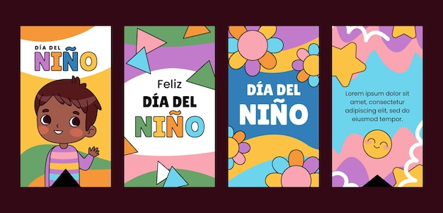 Vector gratuito colección de historias de instagram dibujadas a mano para la celebración del día del niño