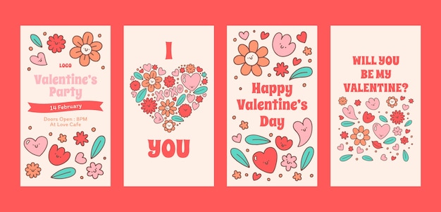 Vector gratuito colección de historias de instagram dibujadas a mano para la celebración del día de san valentín