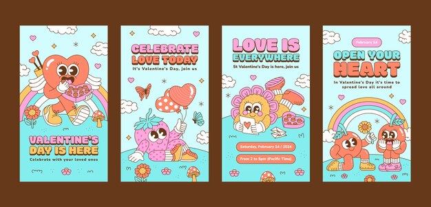 Colección de historias de Instagram dibujadas a mano para la celebración del Día de San Valentín