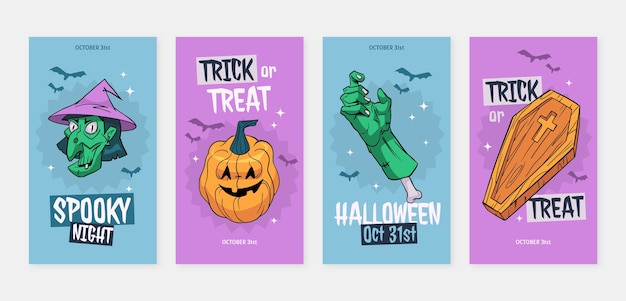 Colección de historias de Instagram dibujadas a mano para la celebración de Halloween