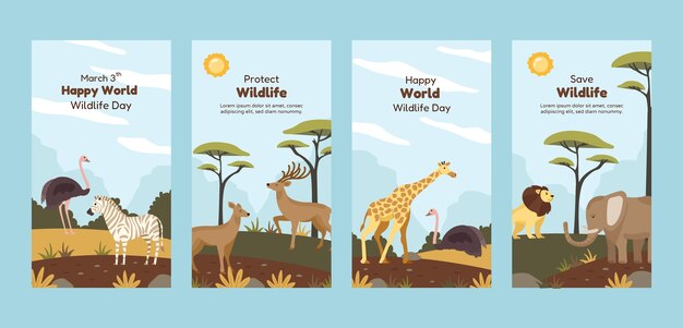 Colección de historias de instagram dibujadas a mano para el día mundial de la vida silvestre con flora y fauna