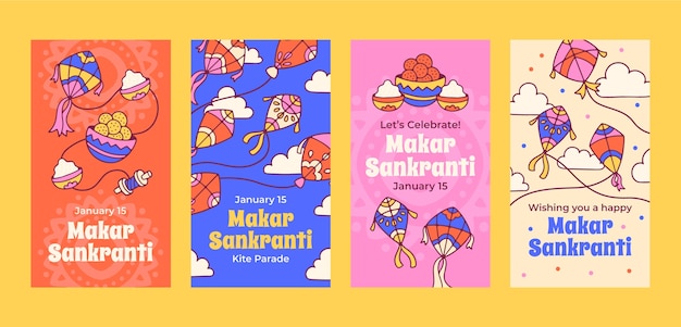 Vector gratuito colección de historias de instagram dibujadas a mano para el festival makar sankranti