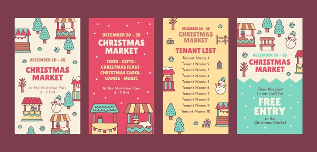 Colección de historias de instagram dibujadas a mano para el mercado navideño.