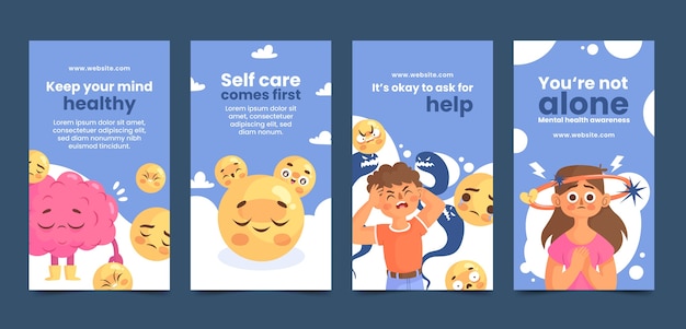 Colección de historias de instagram de diseño plano del día mundial de la salud mental