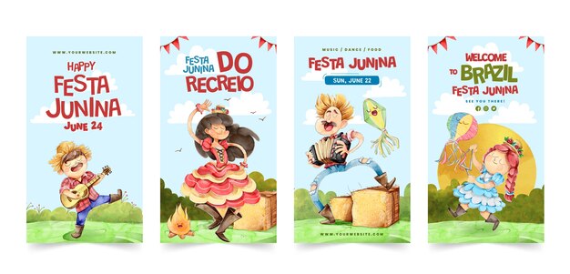 Colección de historias de instagram de festas juninas en acuarela