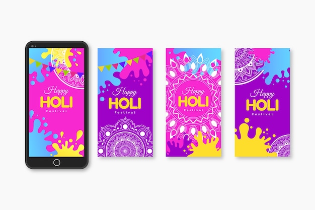 Vector gratuito colección de historias de instagram festival holi multicolor