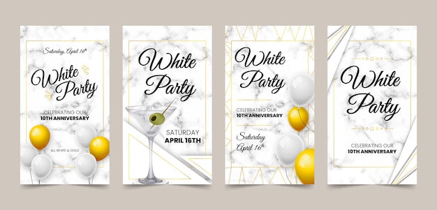 Vector gratuito colección de historias de instagram de fiesta blanca de lujo realista