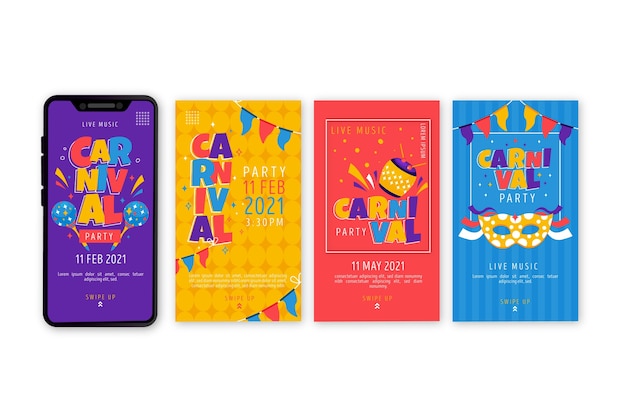 Vector gratuito colección de historias de instagram de fiesta de carnaval