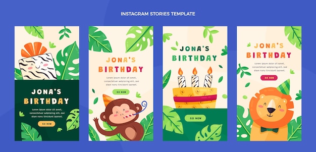 Colección de historias de instagram de fiesta de cumpleaños de jungla plana