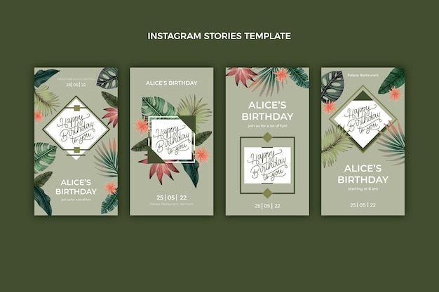 Vector gratuito colección de historias de instagram de la fiesta de cumpleaños de la selva en acuarela