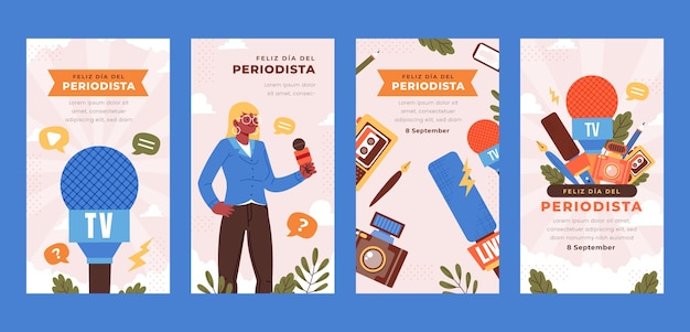 Vector gratuito colección de historias de instagram flat dia del periodista