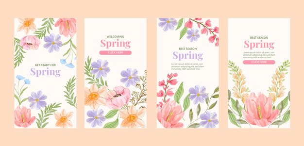 Colección de historias de instagram floral primavera acuarela