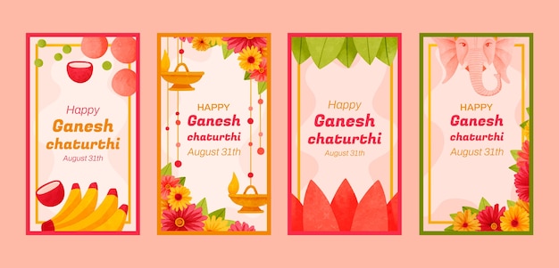 Vector gratuito colección de historias de instagram de ganesh chaturthi en acuarela