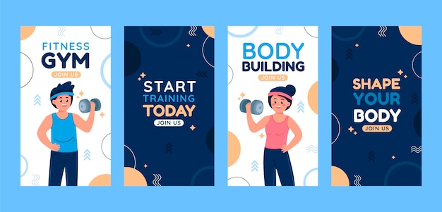 Vector gratuito colección de historias de instagram de gimnasio plano