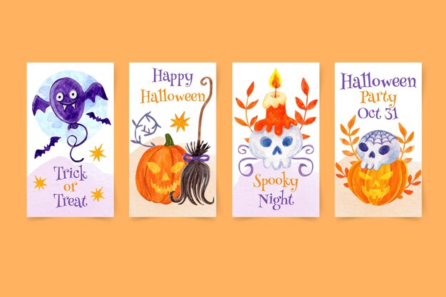 Colección de historias de instagram de halloween en acuarela