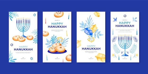 Vector gratuito colección de historias de instagram de hanukkah en acuarela
