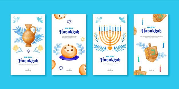Colección de historias de instagram de hanukkah en acuarela