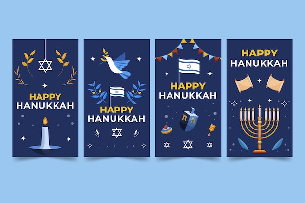 Colección de historias de instagram de hanukkah planas dibujadas a mano