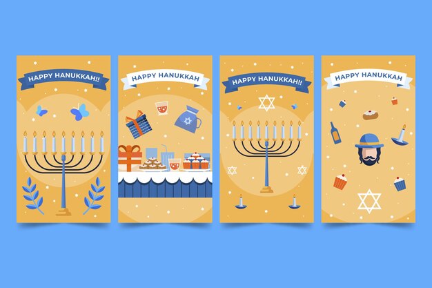 Colección de historias de instagram de hanukkah planas dibujadas a mano