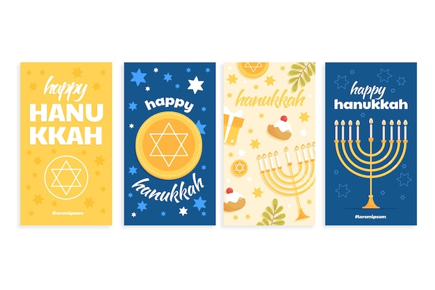 Vector gratuito colección de historias de instagram de hanukkah planas dibujadas a mano