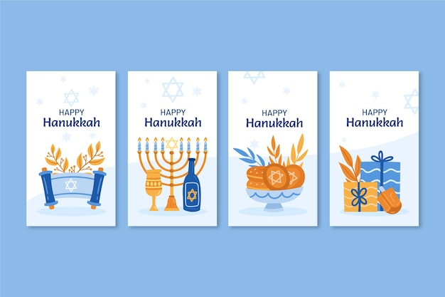 Colección de historias de instagram de hanukkah planas dibujadas a mano