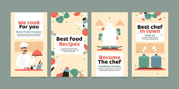 Colección de historias de instagram horizontales de chef plano