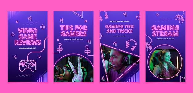 Colección de historias de instagram de juegos de neón plano