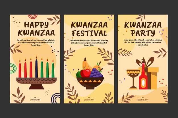 Colección de historias de instagram de kwanzaa planas dibujadas a mano