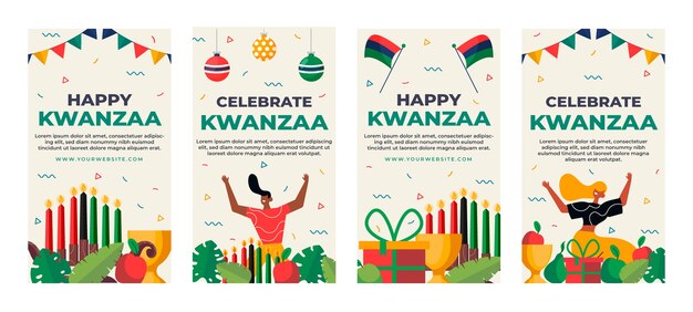 Colección de historias de instagram de kwanzaa planas dibujadas a mano