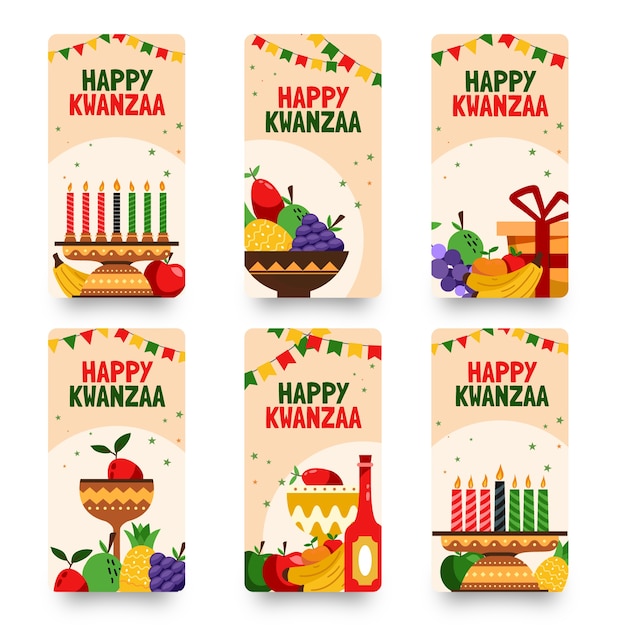 Vector gratuito colección de historias de instagram de kwanzaa planas dibujadas a mano