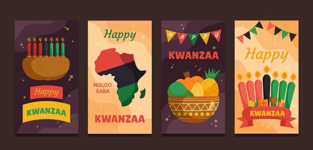 Colección de historias de instagram de kwanzaa planas dibujadas a mano