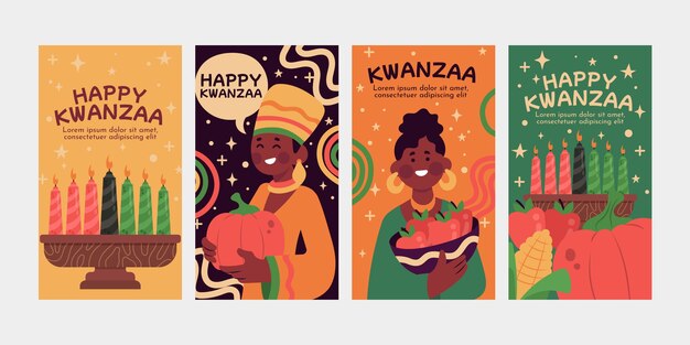 Colección de historias de instagram de kwanzaa planas dibujadas a mano