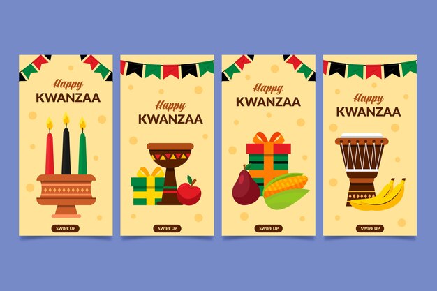 Colección de historias de instagram de kwanzaa planas dibujadas a mano