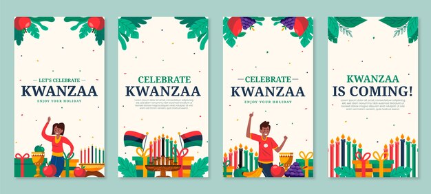 Colección de historias de instagram de kwanzaa planas dibujadas a mano