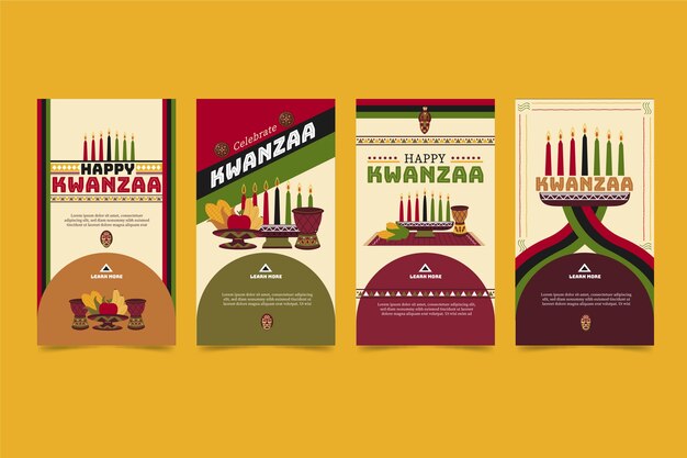 Colección de historias de instagram de kwanzaa planas dibujadas a mano