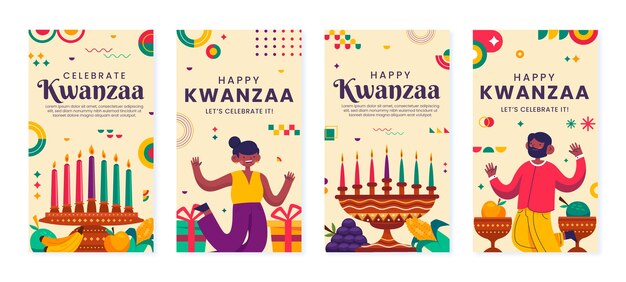 Colección de historias de instagram de kwanzaa planas dibujadas a mano