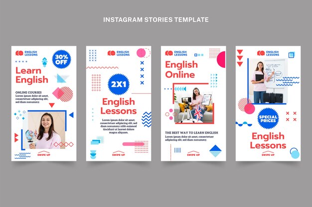 Colección de historias de instagram de lecciones de inglés de diseño plano