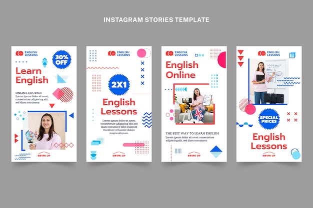 Colección de historias de instagram de lecciones de inglés de diseño plano