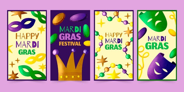 Vector gratuito colección de historias de instagram de mardi gras en acuarela