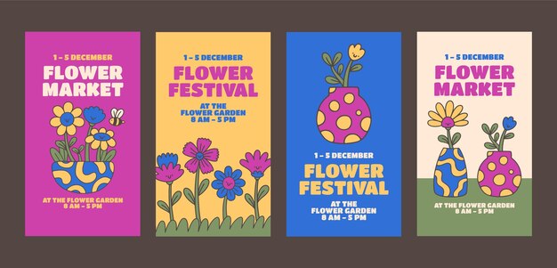 Colección de historias de instagram de mercado de flores dibujadas a mano