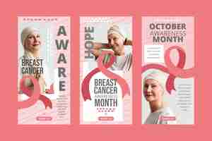 Vector gratuito colección de historias de instagram del mes de concientización sobre el cáncer de mama dibujadas a mano con foto