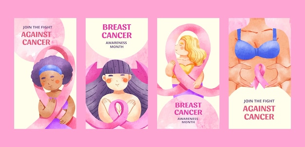 Vector gratuito colección de historias de instagram para el mes de concientización sobre el cáncer de mama