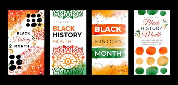 Vector gratuito colección de historias de instagram del mes de la historia en acuarela negra
